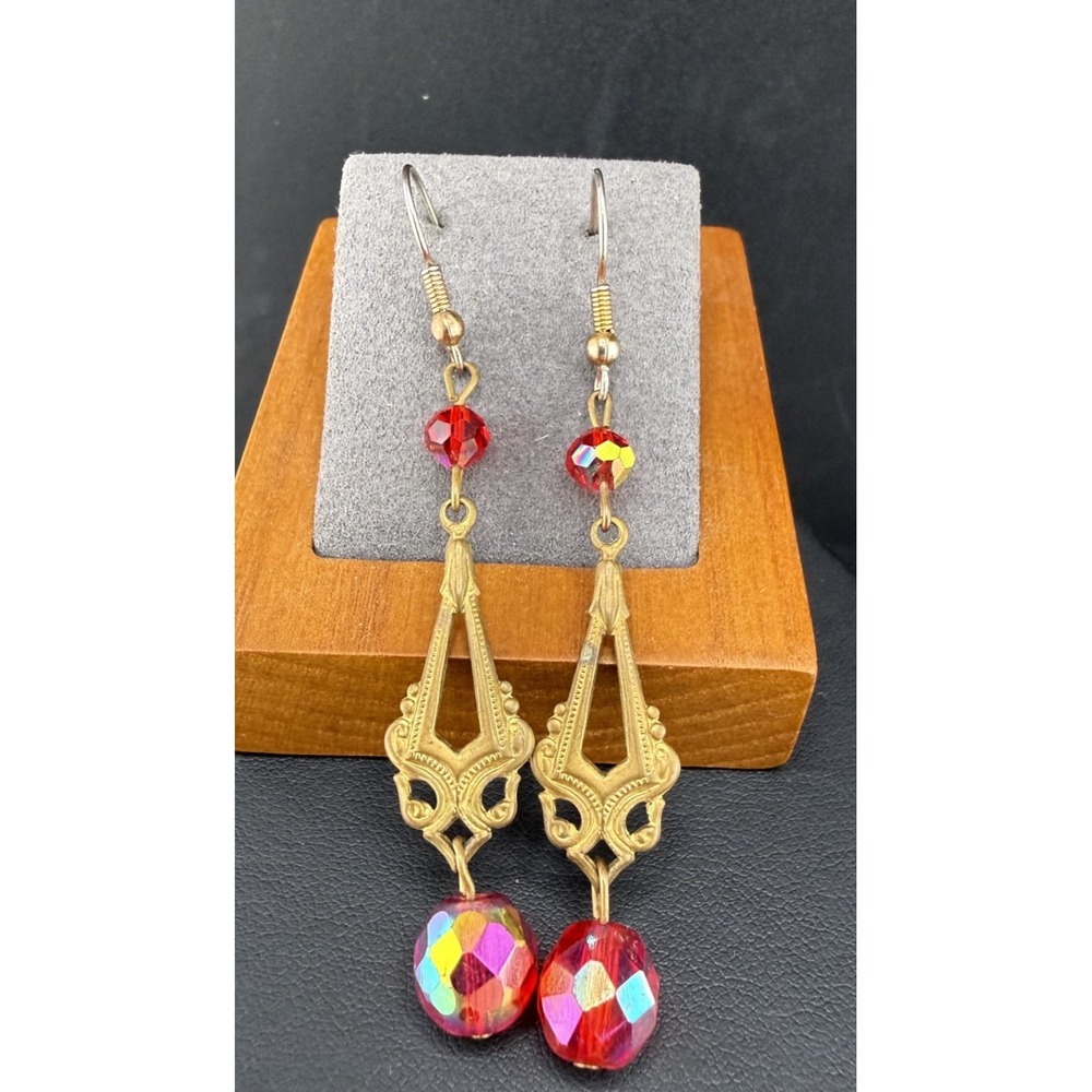 Vintage Estate Dangle Earrings Gold Tone Red Rhinestone Pierced 3"